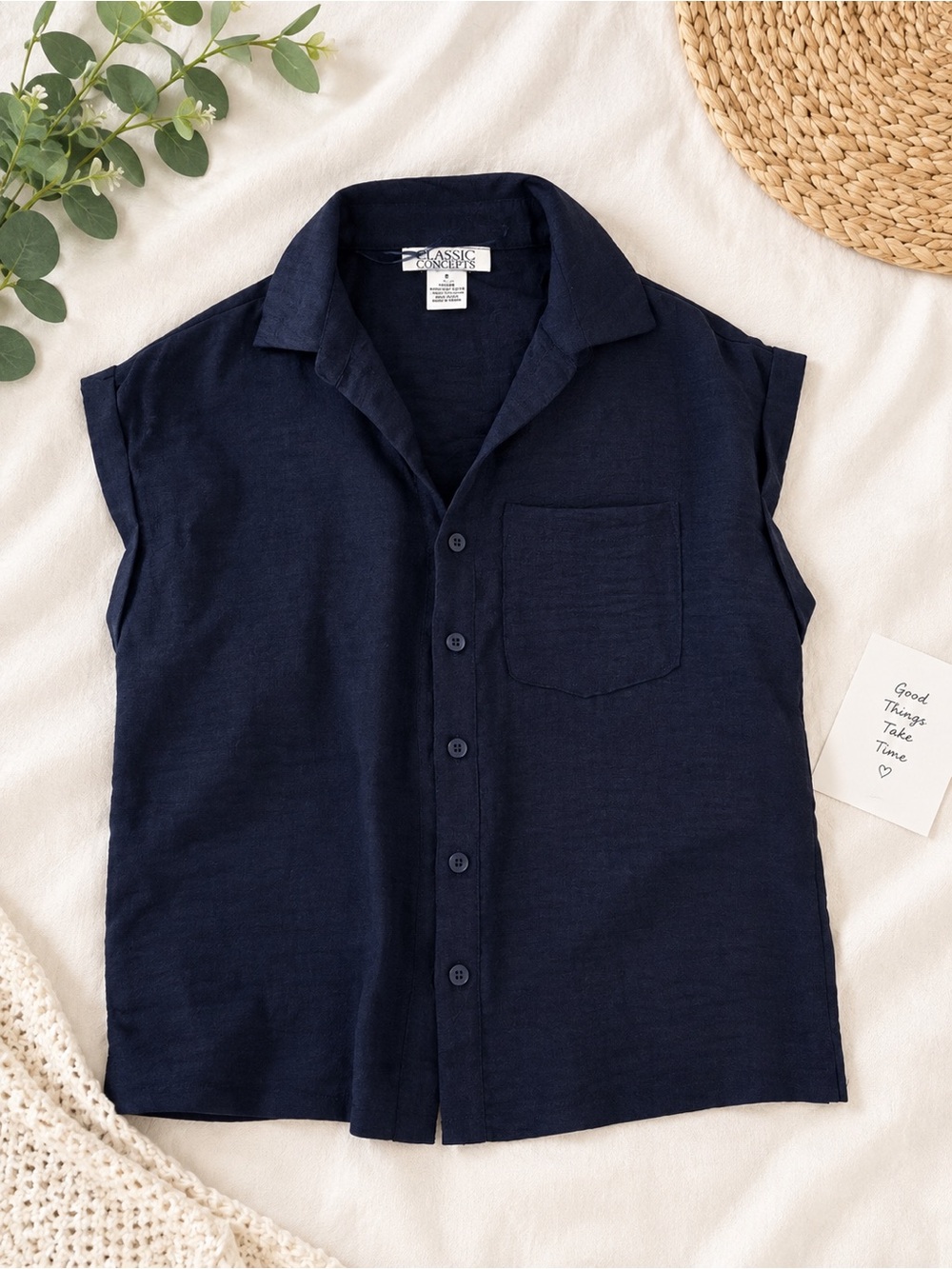 T.J.Maxx Navy Short-Sleeve Button-Down Shirt